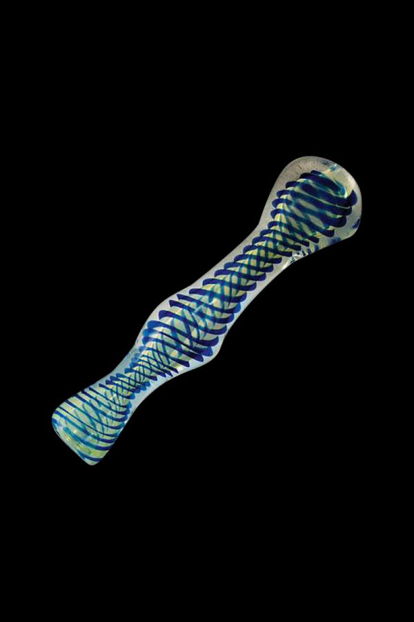 Front view of the Twisted Taster Chillum Pipe, a small, twisted glass pipe against a dark background.