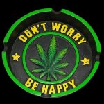 Overhead view of the Hemp Leaf Ashtray, featuring a circular design with a green leaf pattern and the words “Don’t Worry, Be Happy”.