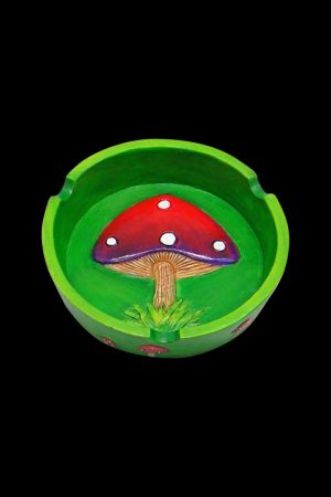 Overhead view of the Mushroom Ashtray, showcasing a detailed, colorful mushroom design within a circular dish.