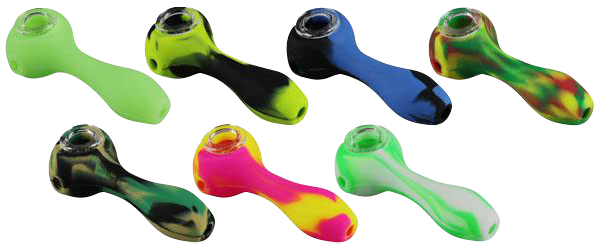 A close-up, angled view of the Unbreakable Classic Silicone Hand Pipe in multiple vibrant colors against a plain white background.