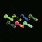 A top-down view of the Unbreakable Classic Silicone Hand Pipe in multiple colors arranged on a dark background.