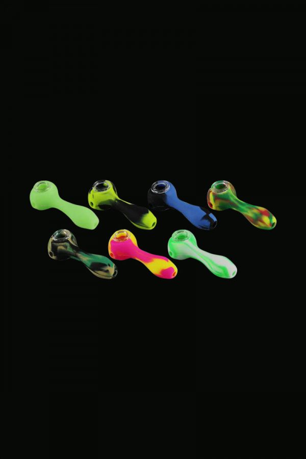 A top-down view of the Unbreakable Classic Silicone Hand Pipe in multiple colors arranged on a dark background.