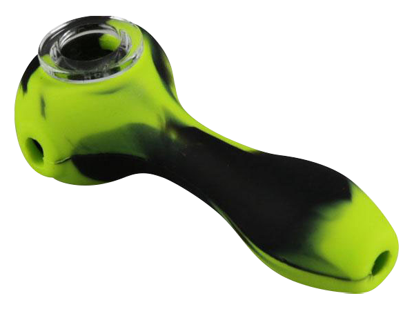 A three-quarter view of the Unbreakable Classic Silicone Hand Pipe, showcasing its curved form and smooth, dark finish.