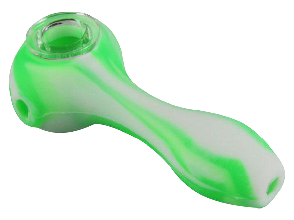 A close-up, angled view of the Unbreakable Classic Silicone Hand Pipe, showcasing its smooth, green silicone construction.