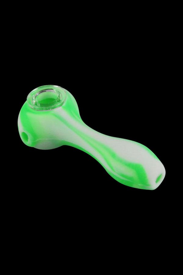 A slightly angled view of the Unbreakable Classic Silicone Hand Pipe, showcasing its smooth, green silicone construction.
