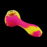 A side view of the Unbreakable Classic Silicone Hand Pipe, showing its curved shape and vibrant pink and yellow coloration.