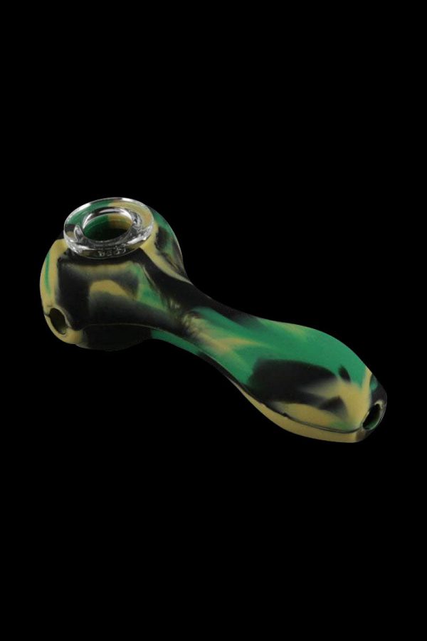 A close-up, angled view of the Unbreakable Classic Silicone Hand Pipe, showing its curved shape and textured surface.