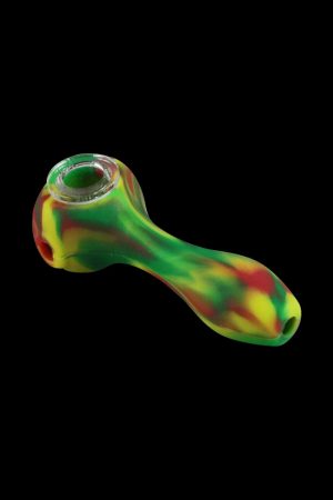 A slightly angled view of the Unbreakable Classic Silicone Hand Pipe, showcasing its colorful, curved design against a black background.