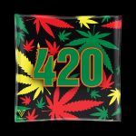 A square glass ashtray with a black background and vibrant red and green cannabis leaf patterns, featuring the numbers "420" in bold, luminous yellow.
