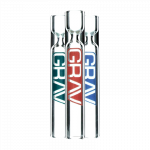 A vertical arrangement of ten clear, cylindrical GRAV® 12mm Tasters, displayed against a plain white background.