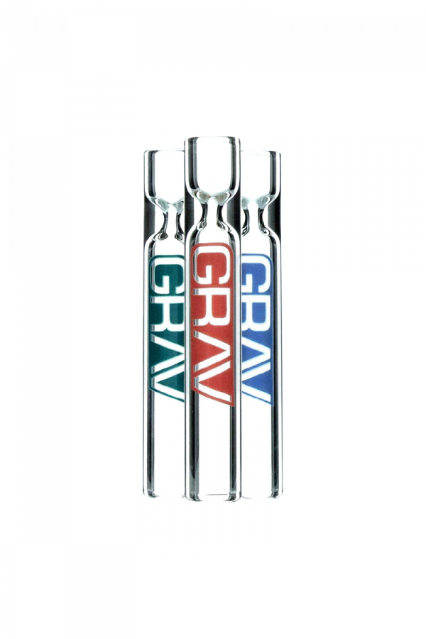 A vertical arrangement of ten clear, cylindrical GRAV® 12mm Tasters, displayed against a plain white background.