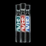 A side view of ten clear GRAV® 12mm Taster glass pieces arranged vertically against a black background.