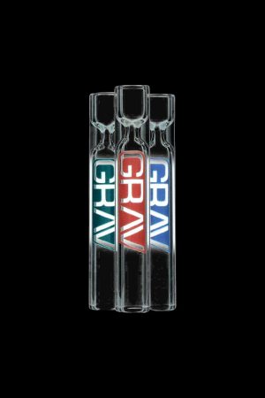 A side view of ten clear GRAV® 12mm Taster glass pieces arranged vertically against a black background.