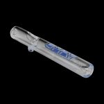 A side view of the GRAV® Clear Classic Steamroller pipe, showcasing its transparent glass construction and simple cylindrical shape.