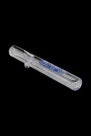 A side view of the GRAV® Clear Classic Steamroller pipe, showcasing its transparent glass construction and simple cylindrical shape.