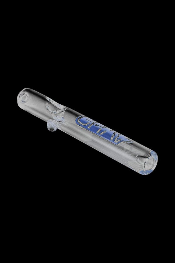 A side view of the GRAV® Clear Classic Steamroller pipe, showcasing its transparent glass construction and simple cylindrical shape.