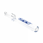 A side view of the GRAV® Clear Classic Steamroller, showcasing its transparent glass construction and simple cylindrical shape.