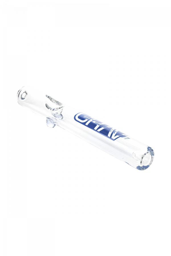 A side view of the GRAV® Clear Classic Steamroller, showcasing its transparent glass construction and simple cylindrical shape.