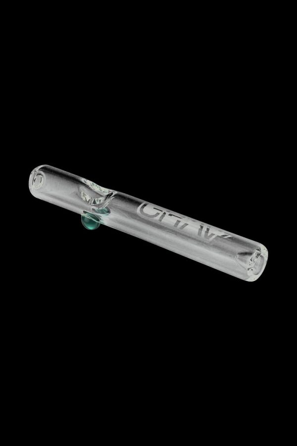A side view of the GRAV® Clear Classic Steamroller, showing the clear glass pipe angled against a black background.
