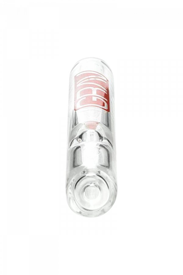 Front view of the GRAV® Clear Classic Steamroller, displaying the clear glass pipe angled against a plain white background.
