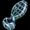 Hand-blown glass cannabis pipe with intricate teal and green geometric patterns.