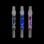 Three glass dab rigs with branded text, in silver, blue, and pink, against a black background.