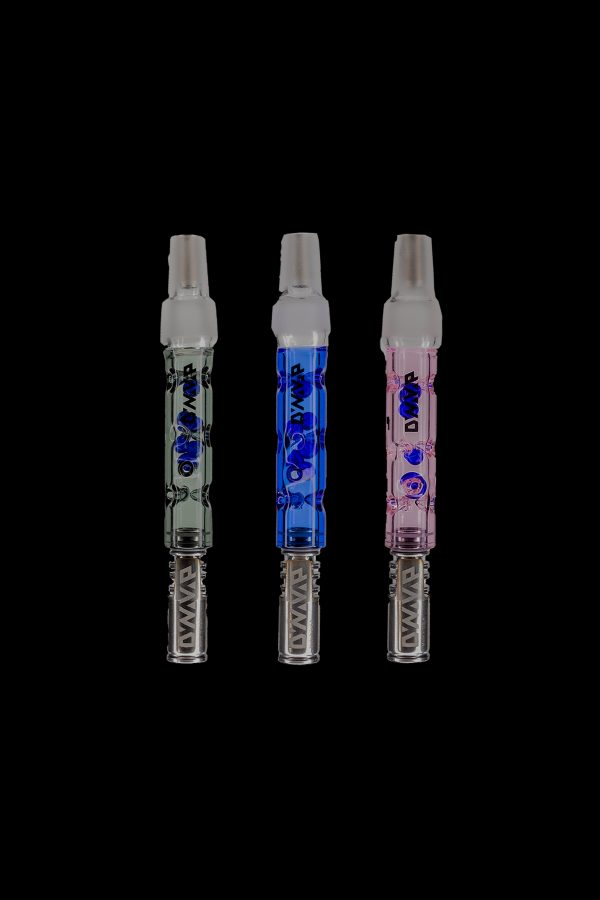 Three glass dab rigs with branded text, in silver, blue, and pink, against a black background.
