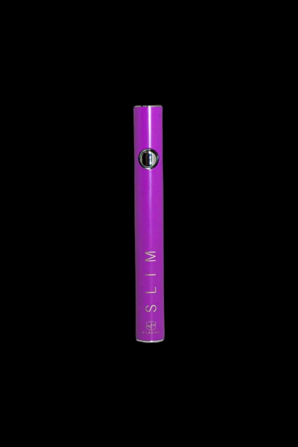 Purple cannabis vape pen against a black background.