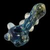 A detailed close-up of “The Cosmic Marble” heavy glass pipe showcasing its swirling blue and clear glass design.