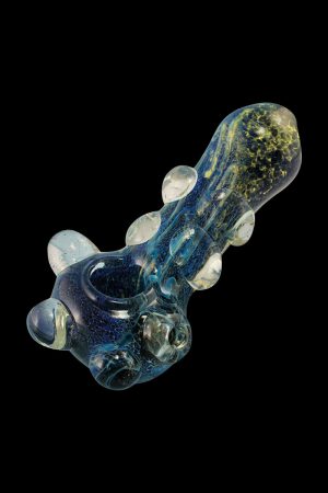 A detailed close-up of “The Cosmic Marble” heavy glass pipe showcasing its swirling blue and clear glass design.