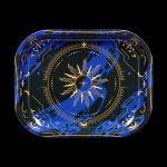 Ornate rolling tray with celestial sun and moon design on a deep blue background.