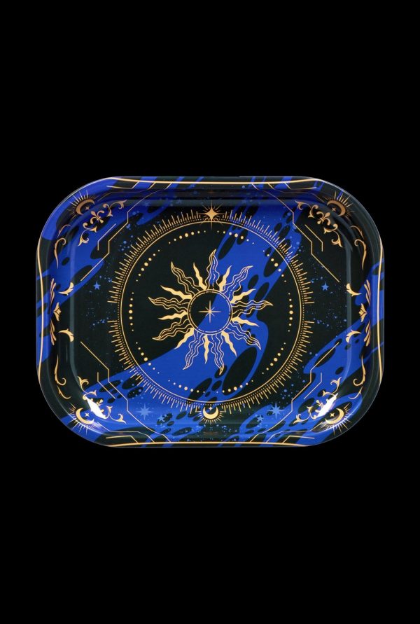 Ornate rolling tray with celestial sun and moon design on a deep blue background.