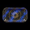 Gold-lined rolling tray with a celestial sun and star design on a blue and black background.