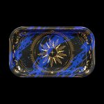 Gold-lined rolling tray with a celestial sun and star design on a blue and black background.
