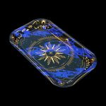 Celestial-themed rolling tray with a golden sun design on a blue starry background.
