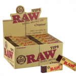 A close-up of the RAW Natural Unrefined Tips packaging, displaying the brand logo and product name on a cardboard box.