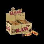 Front view of the RAW Natural Unrefined Tips packaging, showing a stack of booklets with the brand’s logo and simple design.