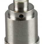 A close-up, angled view of the Pulsar Barb Fire Wax Mod Replacement Coil, showcasing its metallic construction and detailed threading.