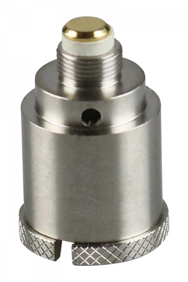 A close-up, angled view of the Pulsar Barb Fire Wax Mod Replacement Coil, showcasing its metallic construction and detailed threading.