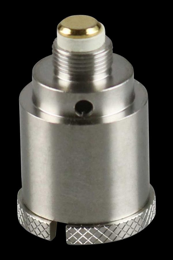 A close-up, angled view of the Pulsar Barb Fire Wax Mod Replacement Coil, showcasing its metallic construction and textured base.