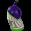Purple and green bubbler water pipe for cannabis use against a black background.