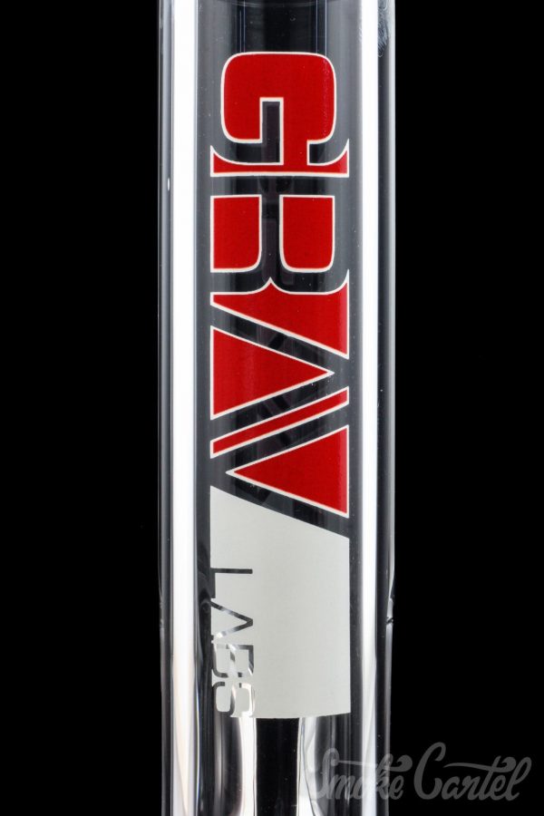 Front view of the GRAV® 8" Basic Beaker Bong, with a clear glass body and brand name prominently displayed along its length.