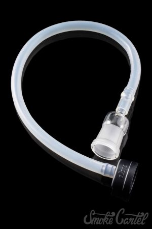 A detailed side view of the Dip Devices DipWhip Attachment, a curved clear glass piece with a rounded joint.