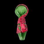 Green glass pipe sculpted with a red scorpion design.