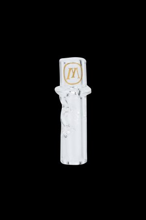 Frosted glass cannabis bubbler with a gold “MV” logo.