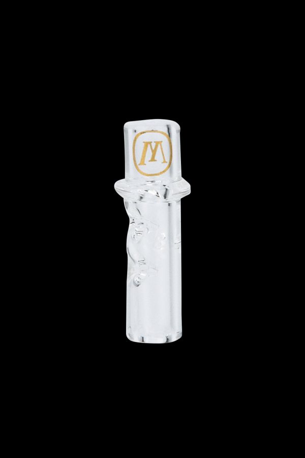 Frosted glass cannabis bubbler with a gold “MV” logo.