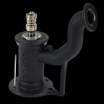 Black glass water pipe (rig) with metallic accents and a bowl piece.