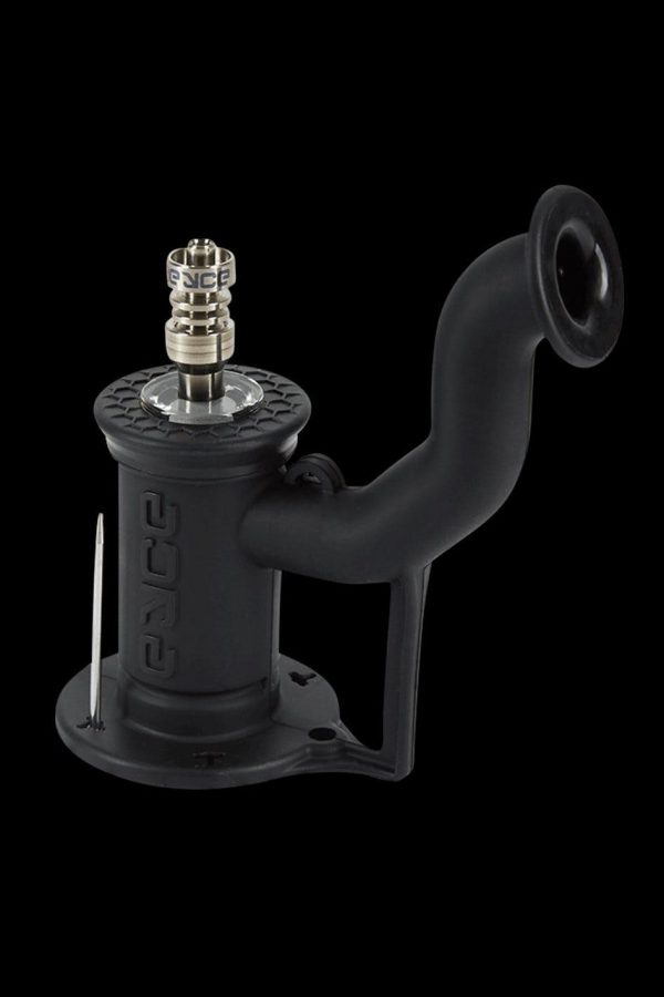 Black glass water pipe (rig) with metallic accents and a bowl piece.