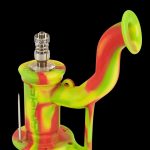 Silicone water pipe with metal downstem and bowl, red and green color scheme.