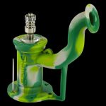 Green silicone oil rig with metal downstem and bowl.